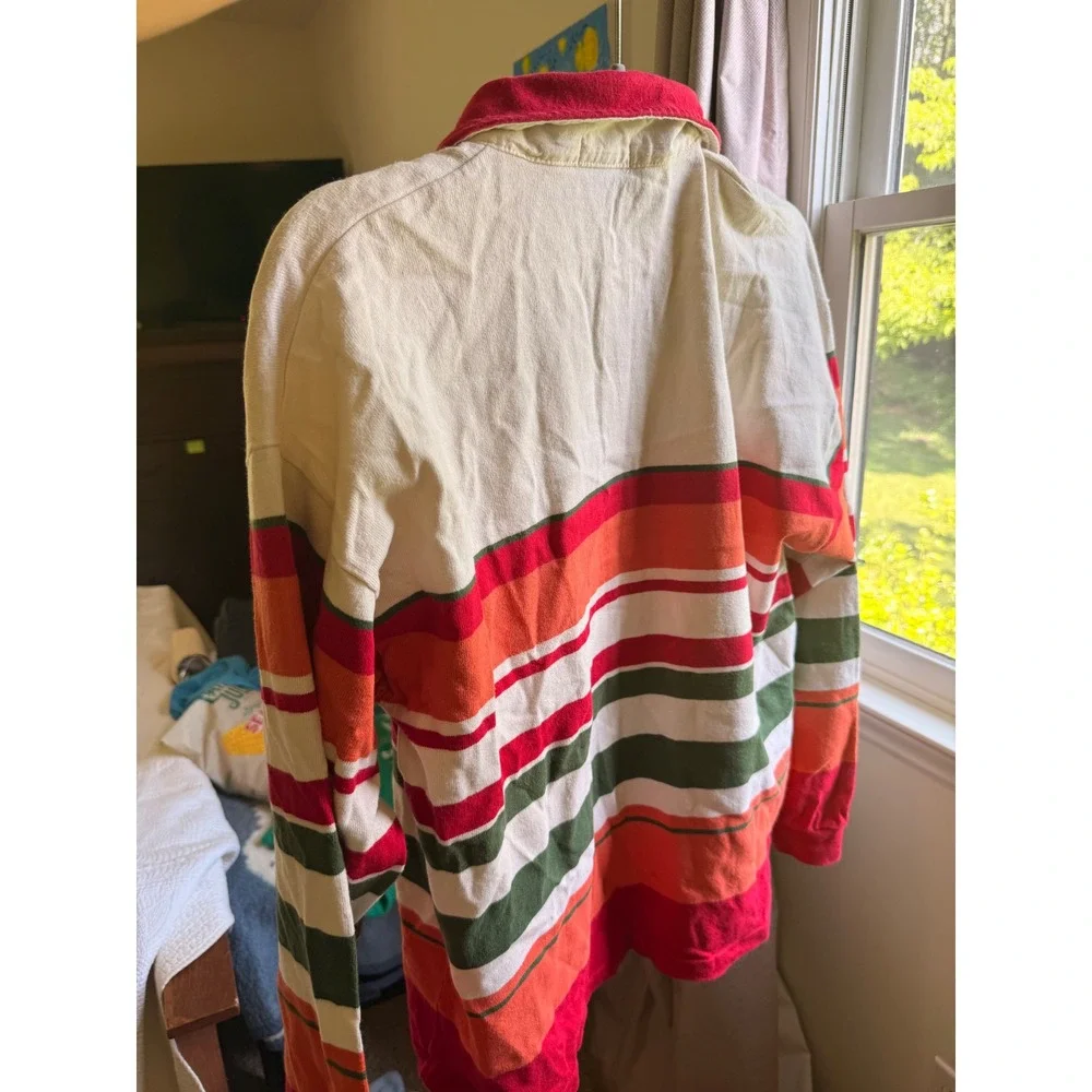 Vintage J. Crew Mens Rugby Shirt Long Sleeve Striped Red Green Orange Cotton S